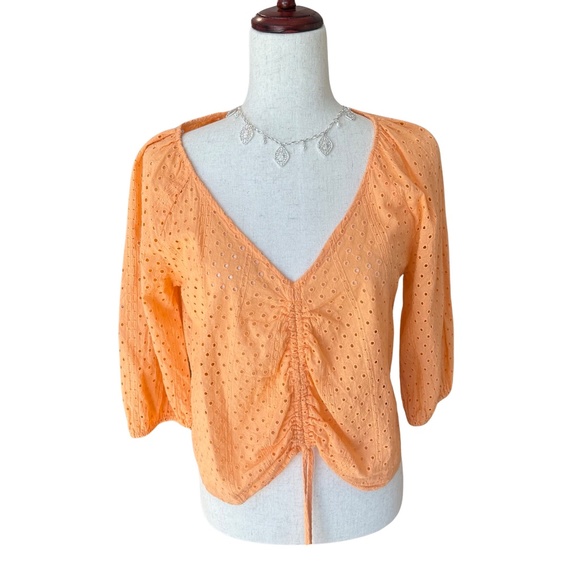 Sanctuary Eyelet Cotton Drawstring Short Sleeve Blouse Top Orange Size Small - Picture 1 of 8